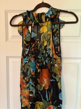 Posh Floral Sleeveless Halter Tank Top in Black, Orange and Blue
